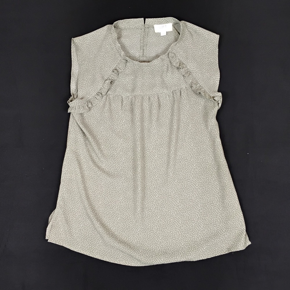 LOFT Outlet Women's L White Polka Dot Round Neck Sleeveless Ruffle Blouse